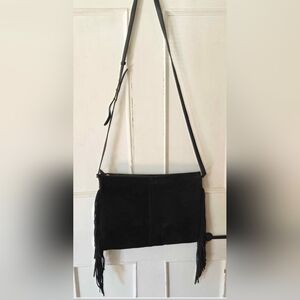 Mark & Graham Black Leather & Suede Crossbody Bag with Fringe